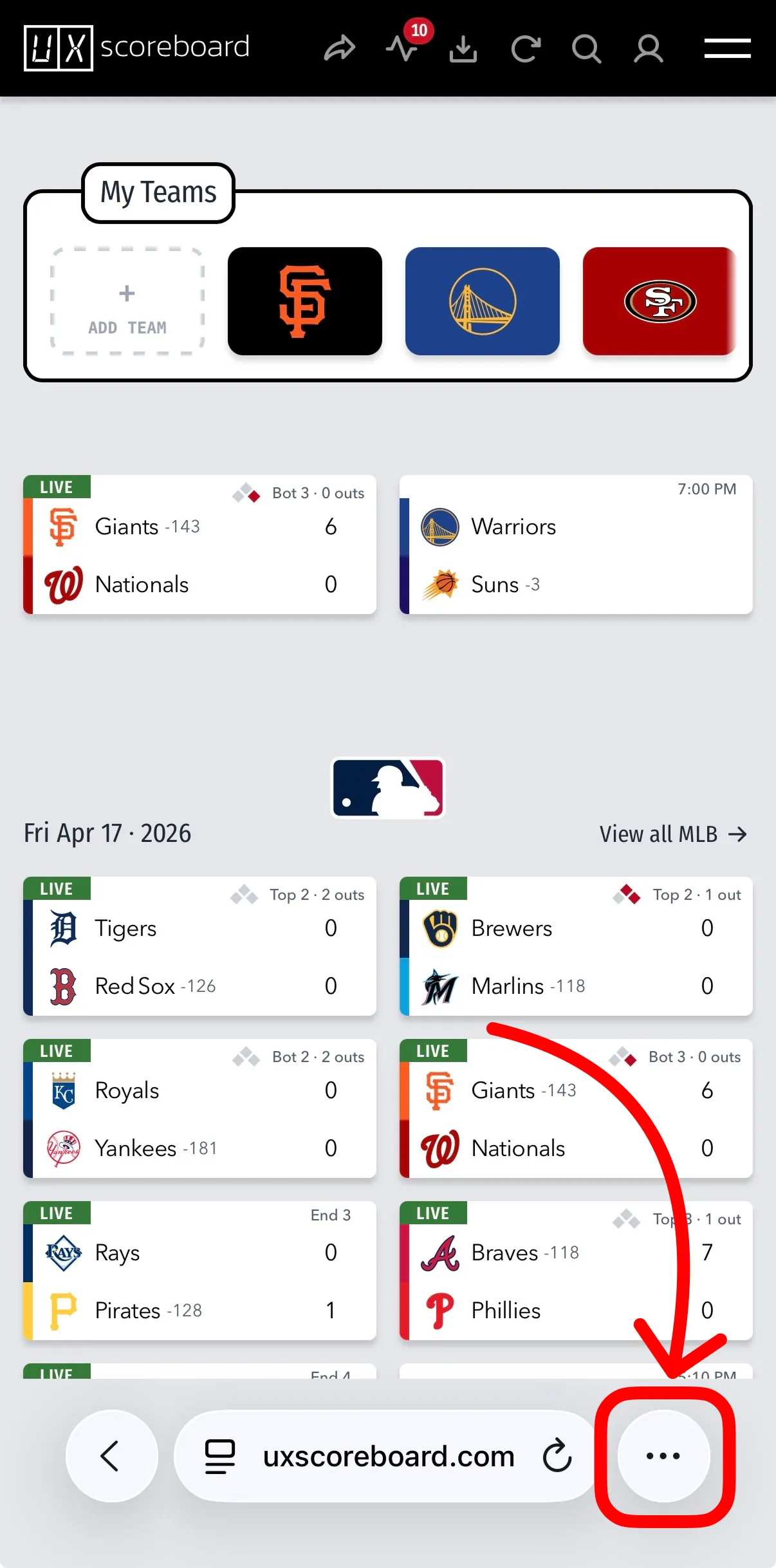 uxscoreboard in Safari with the three dots menu highlighted
