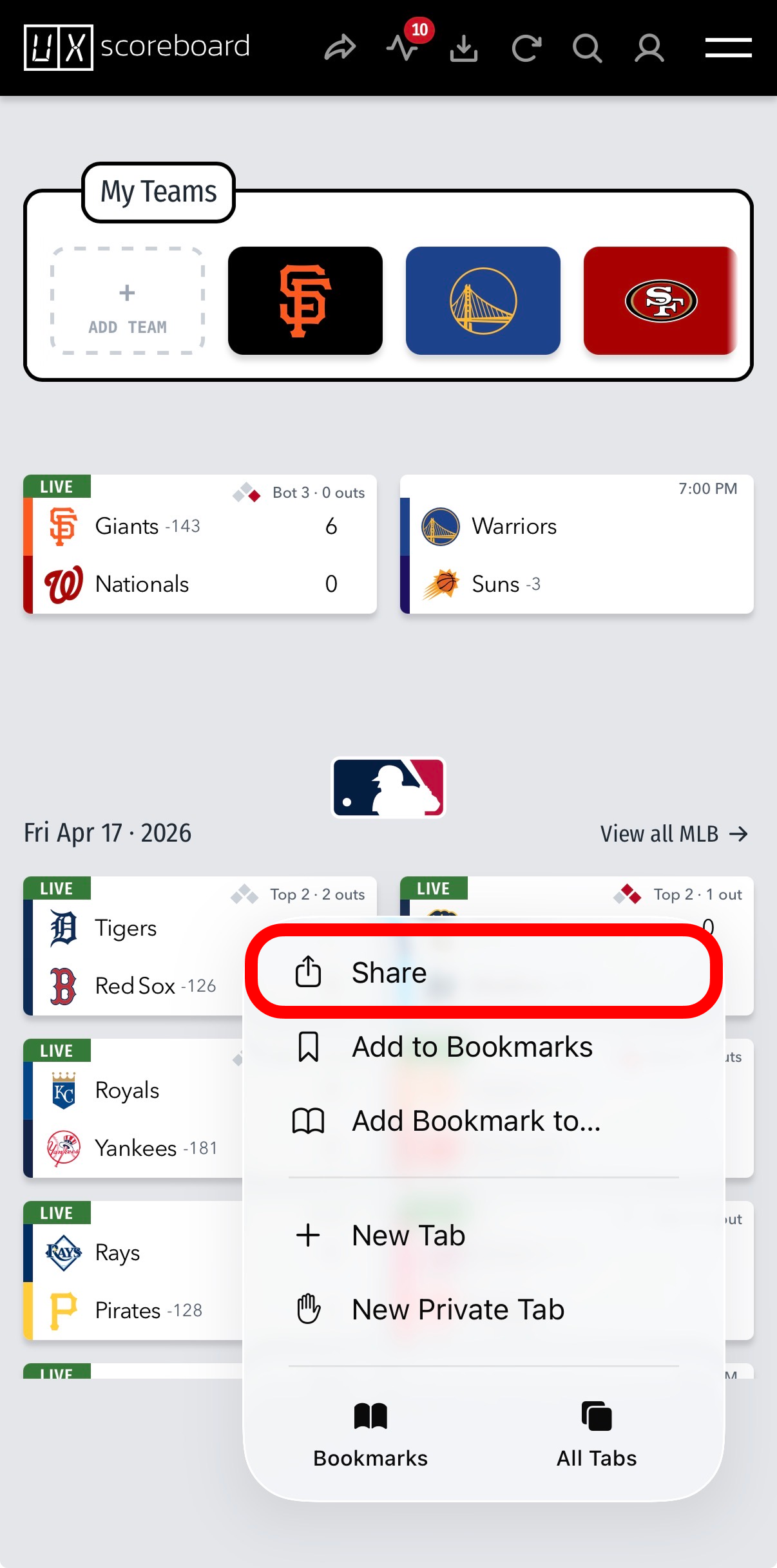Safari menu with Share highlighted