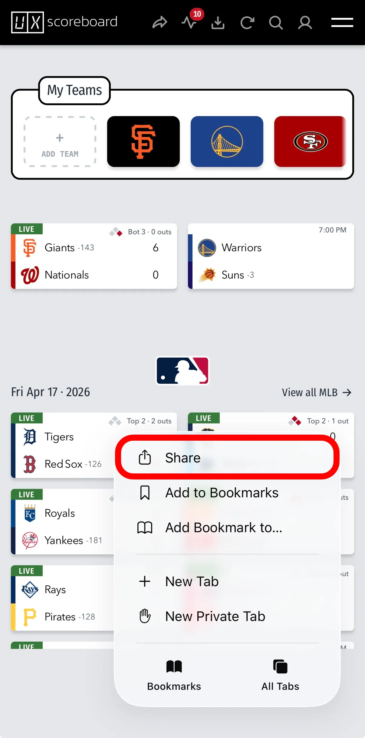 Safari menu with Share highlighted