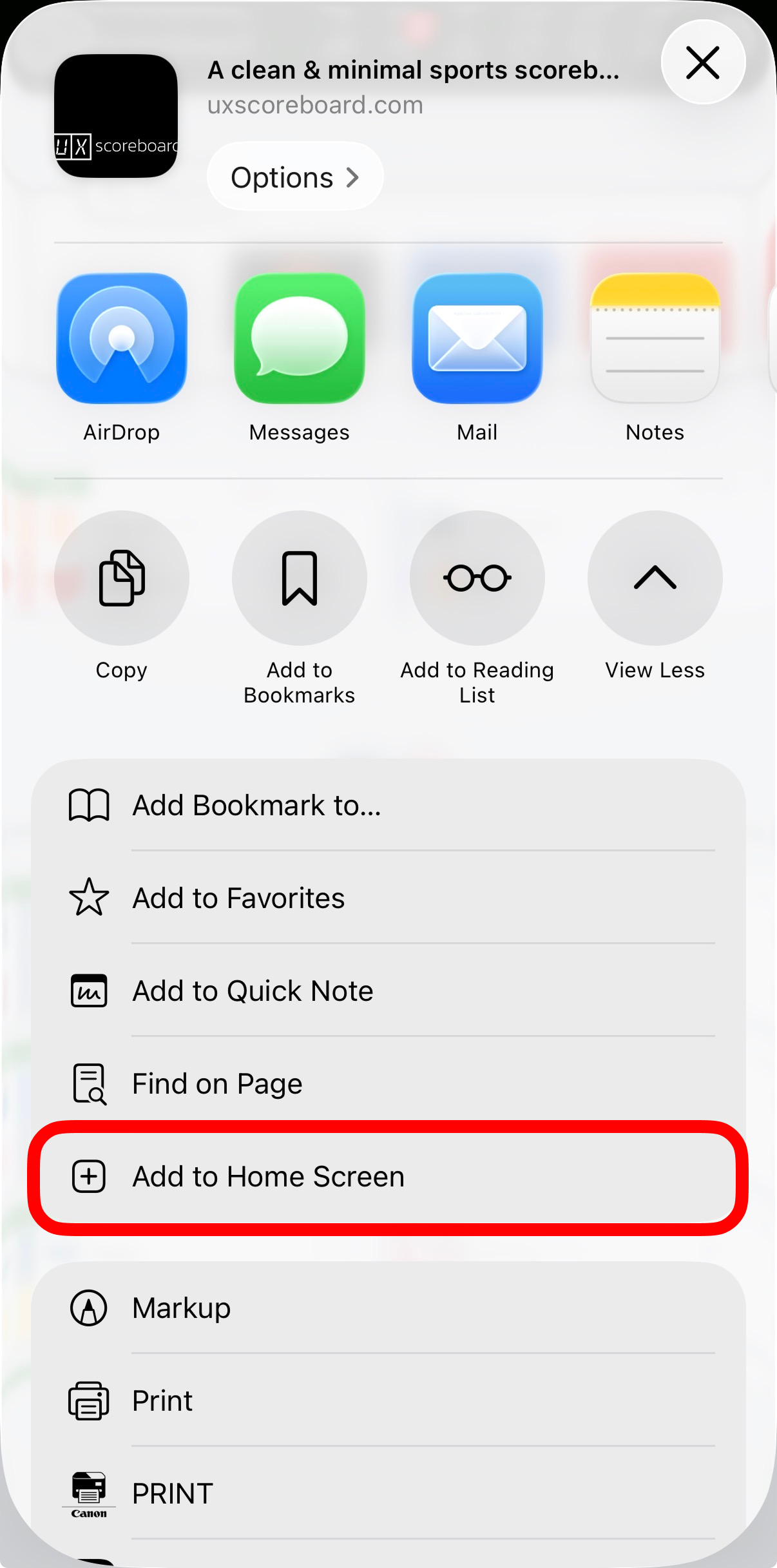 Share sheet option Add to Home Screen highlighted