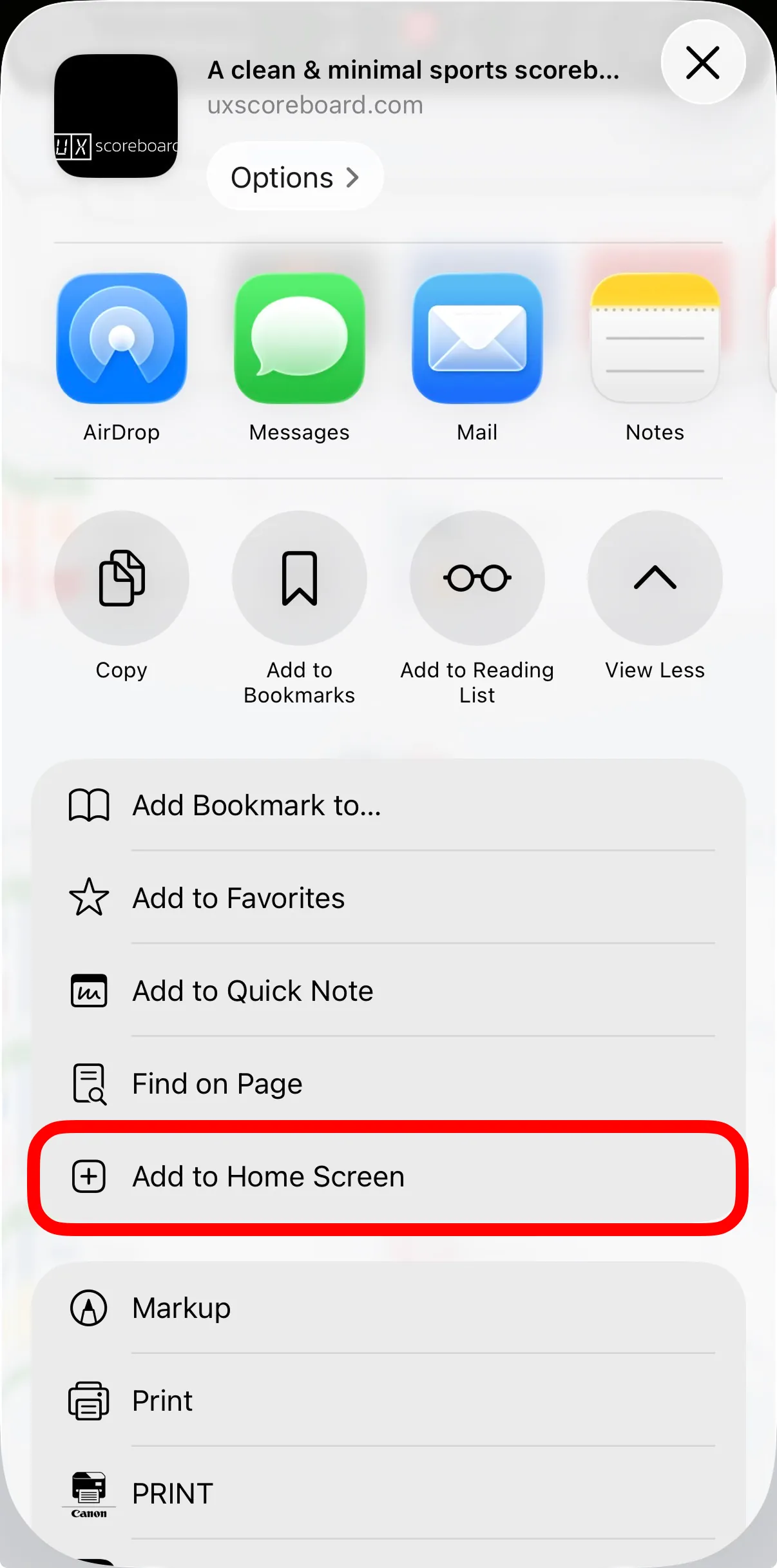 Share sheet option Add to Home Screen highlighted