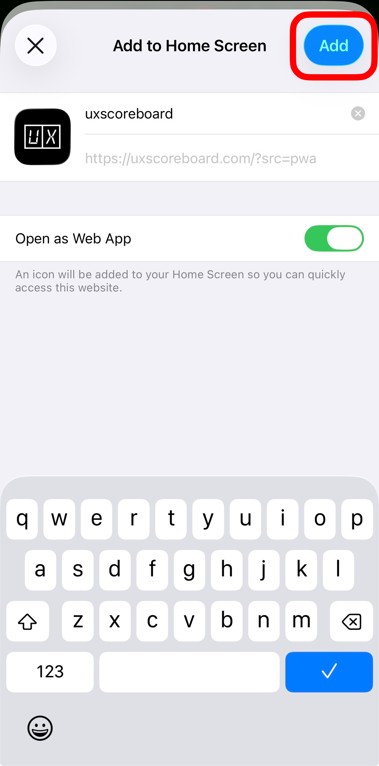 Add to Home Screen confirmation with Add button highlighted