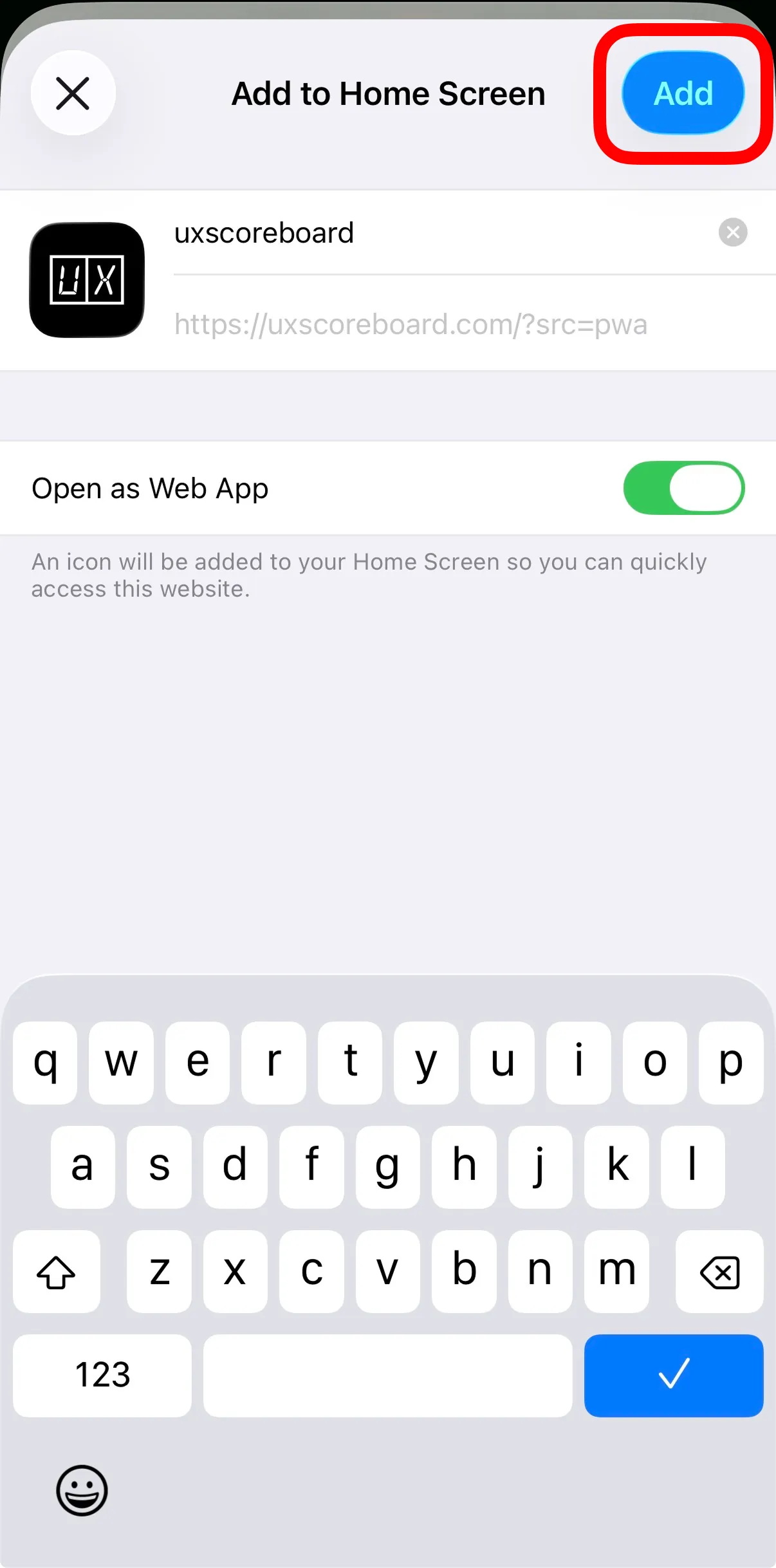 Add to Home Screen confirmation with Add button highlighted